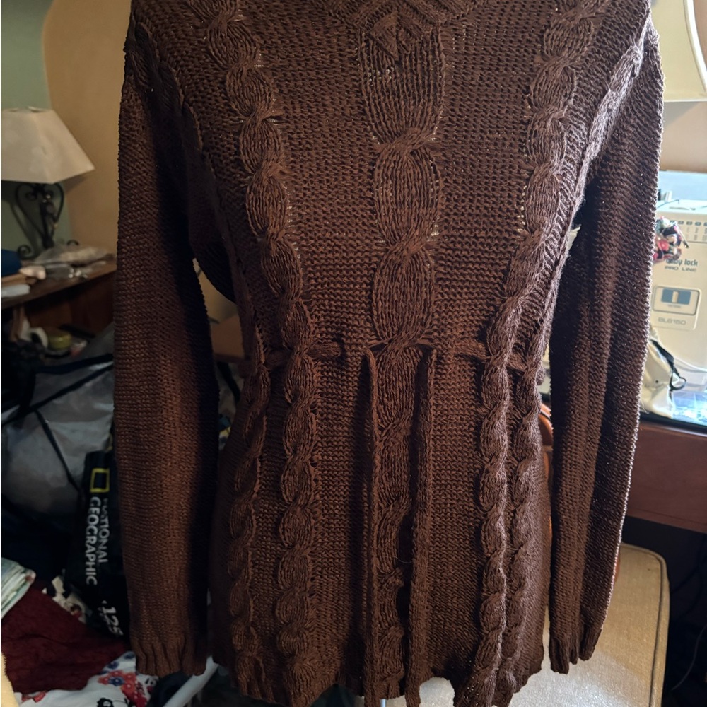 BCBG Chocolate V-Neck Cable Knit Sweater